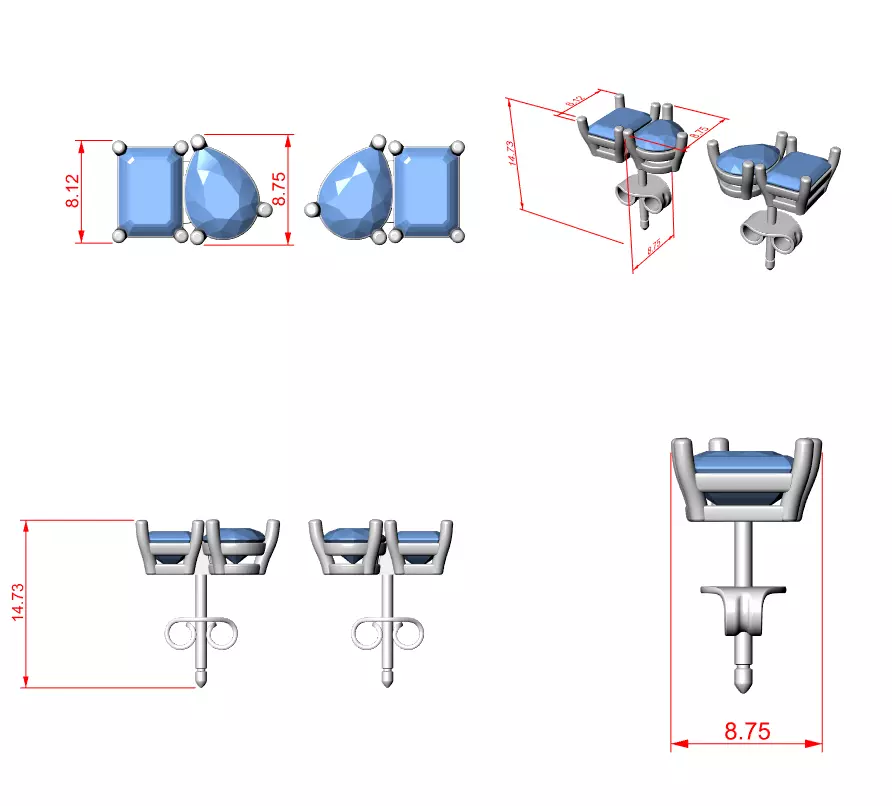 Emerald Pear Diamond Studs Earrings 3dm stl renders Animation 3D print model_12