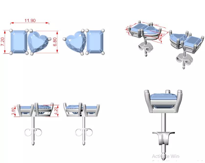 Heart Emerald Diamond Studs Earrings 3dm stl renders Animation 3D print model_12