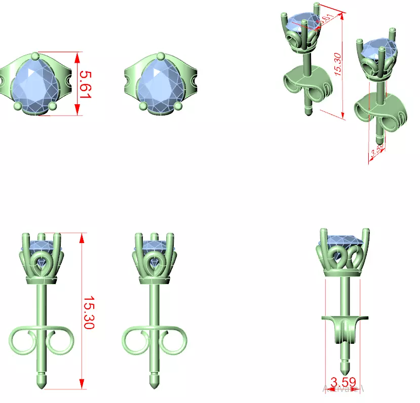 Pear Diamond Studs Earrings 3dm stl renders 360 Animation Video 3D print model_12