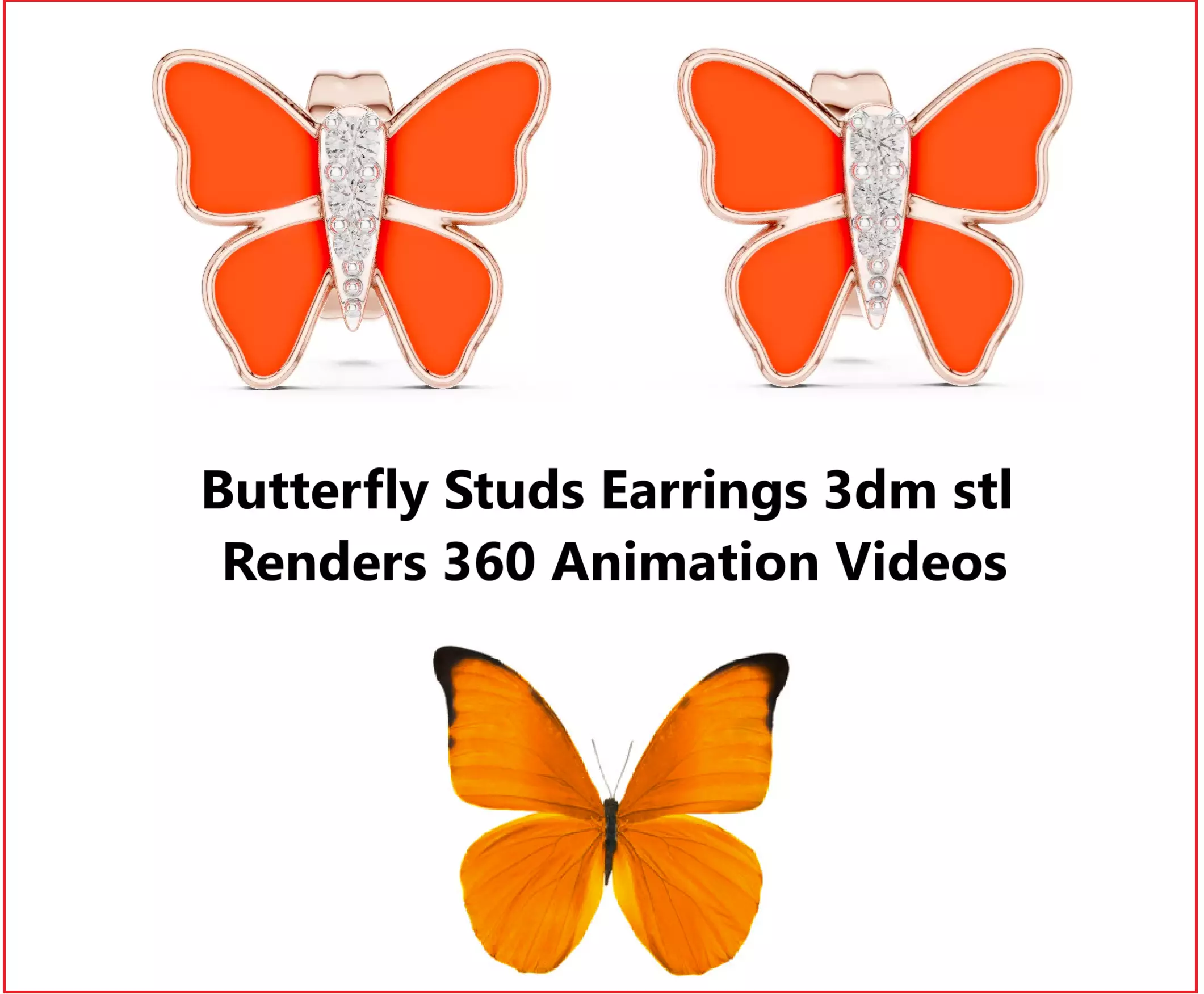 Butterfly Studs Earrings 3dm stl renders 360 Animation Videos  3D print model_0