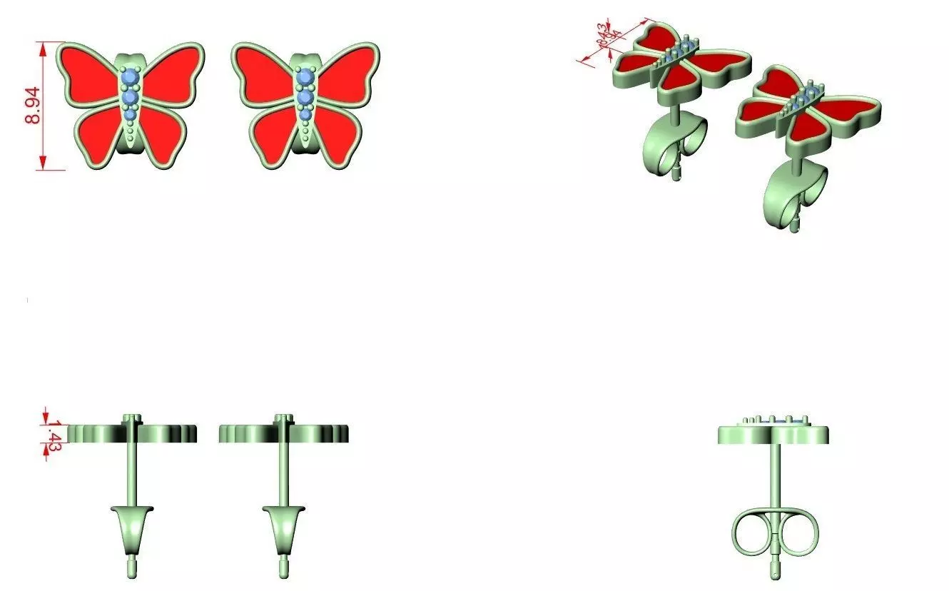 Butterfly Studs Earrings 3dm stl renders 360 Animation Videos  3D print model_2