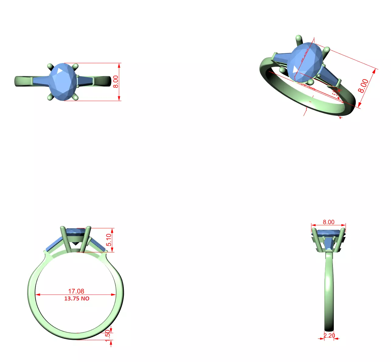 Oval Baguette Trio Solitaire Ring 3dm stl renders 360 animation 3D print model_1