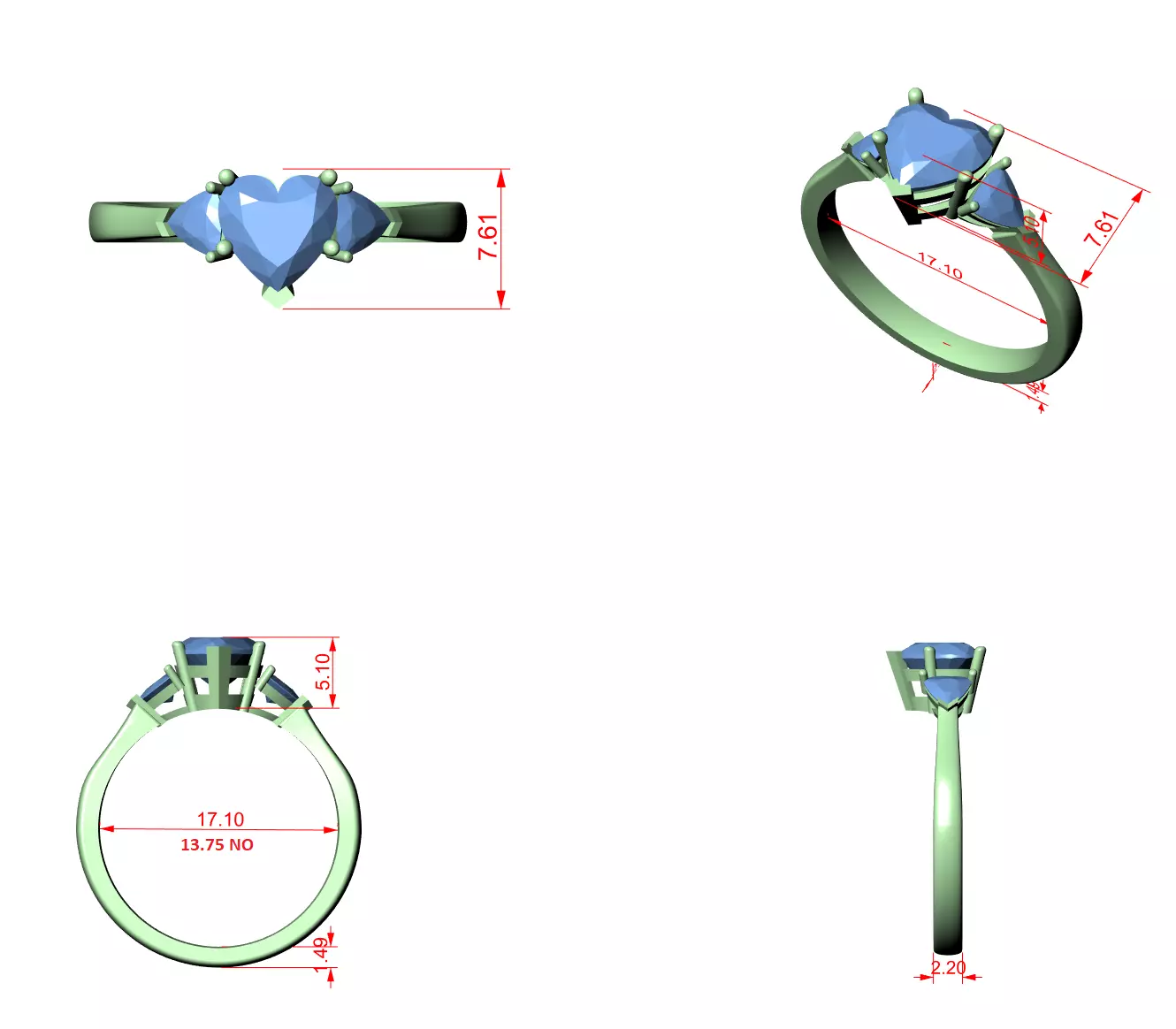 Heart Trillion Trio Solitaire Ring 3dm stl renders 360 animation 3D print model_1