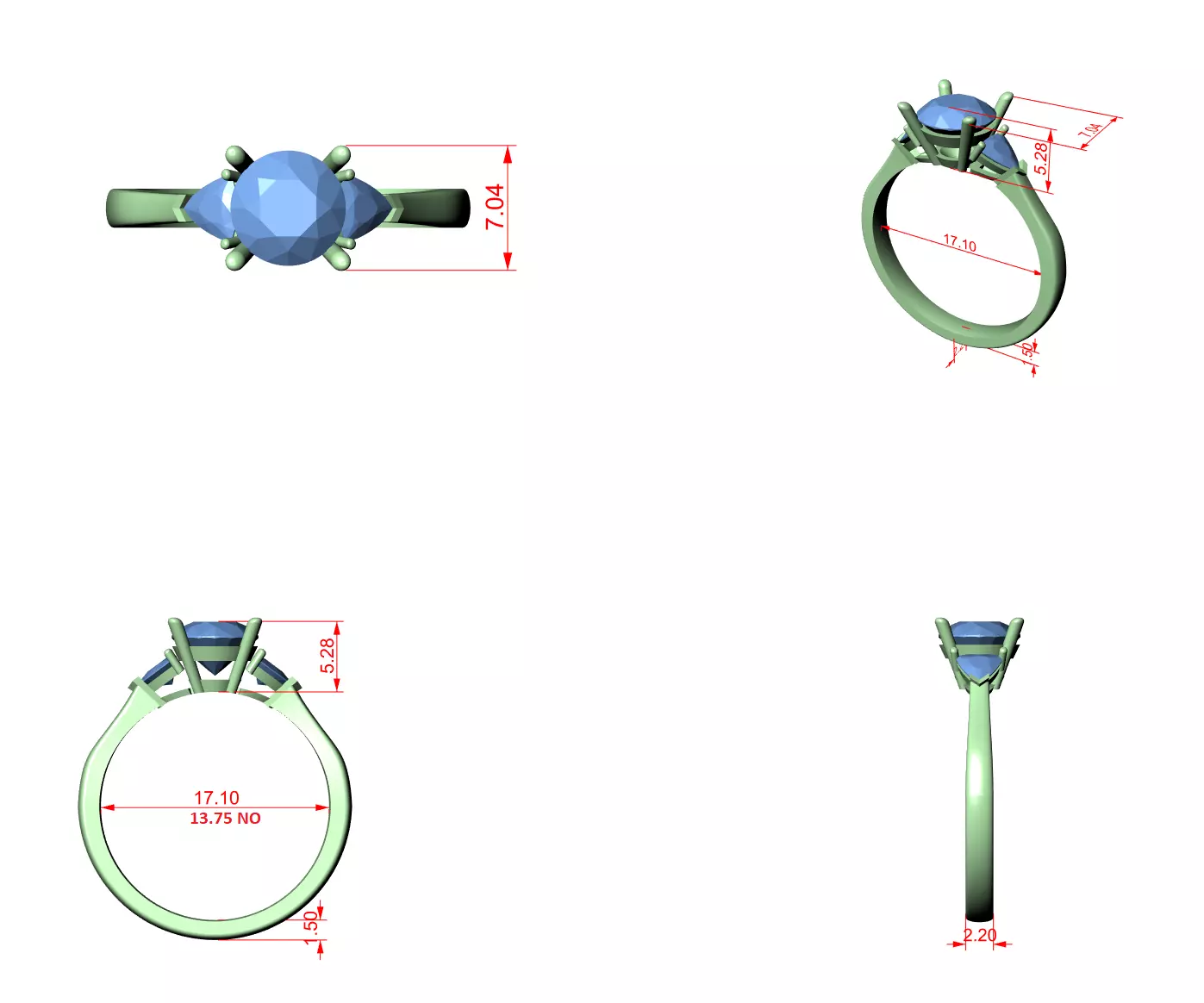 Round Trillion Trio Solitaire Ring 3dm stl renders 360 animation 3D print model_1