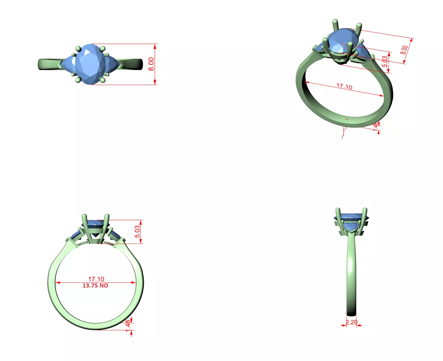 Trillion Oval Trio Solitaire Ring 3dm stl renders 360 animation 3D print model_1