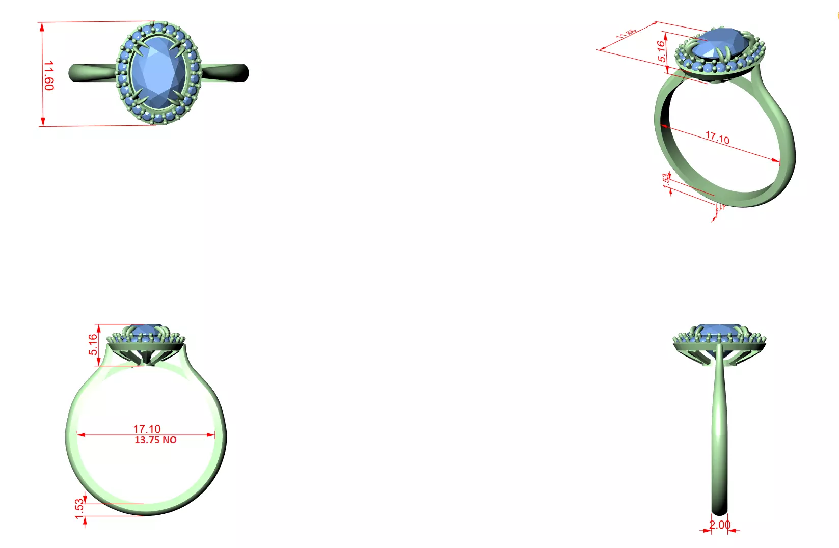 Oval Halo Solitaire Ring 3dm stl renders 360 animation videos 3D print model_1