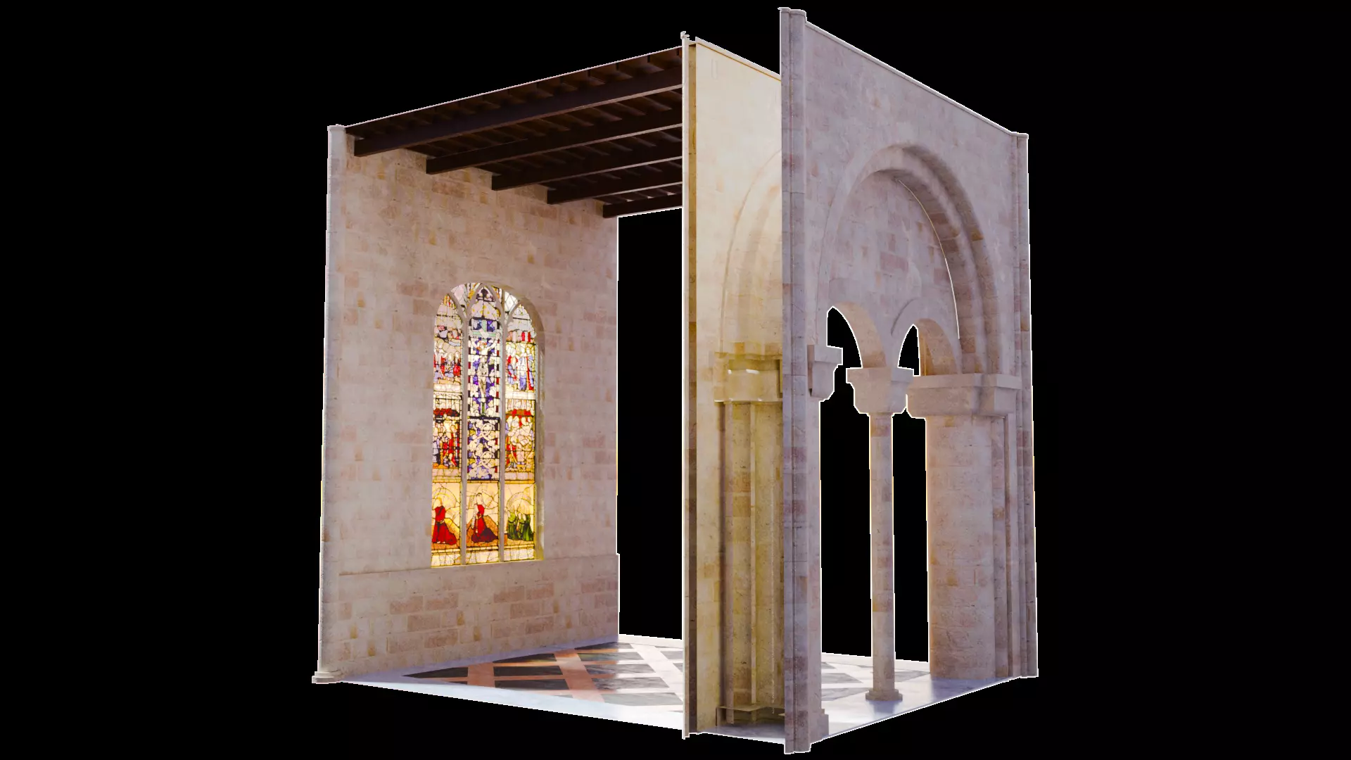 Cathedral Romanesque Nave MIDDLE - ONLY Low-poly 3D model_4