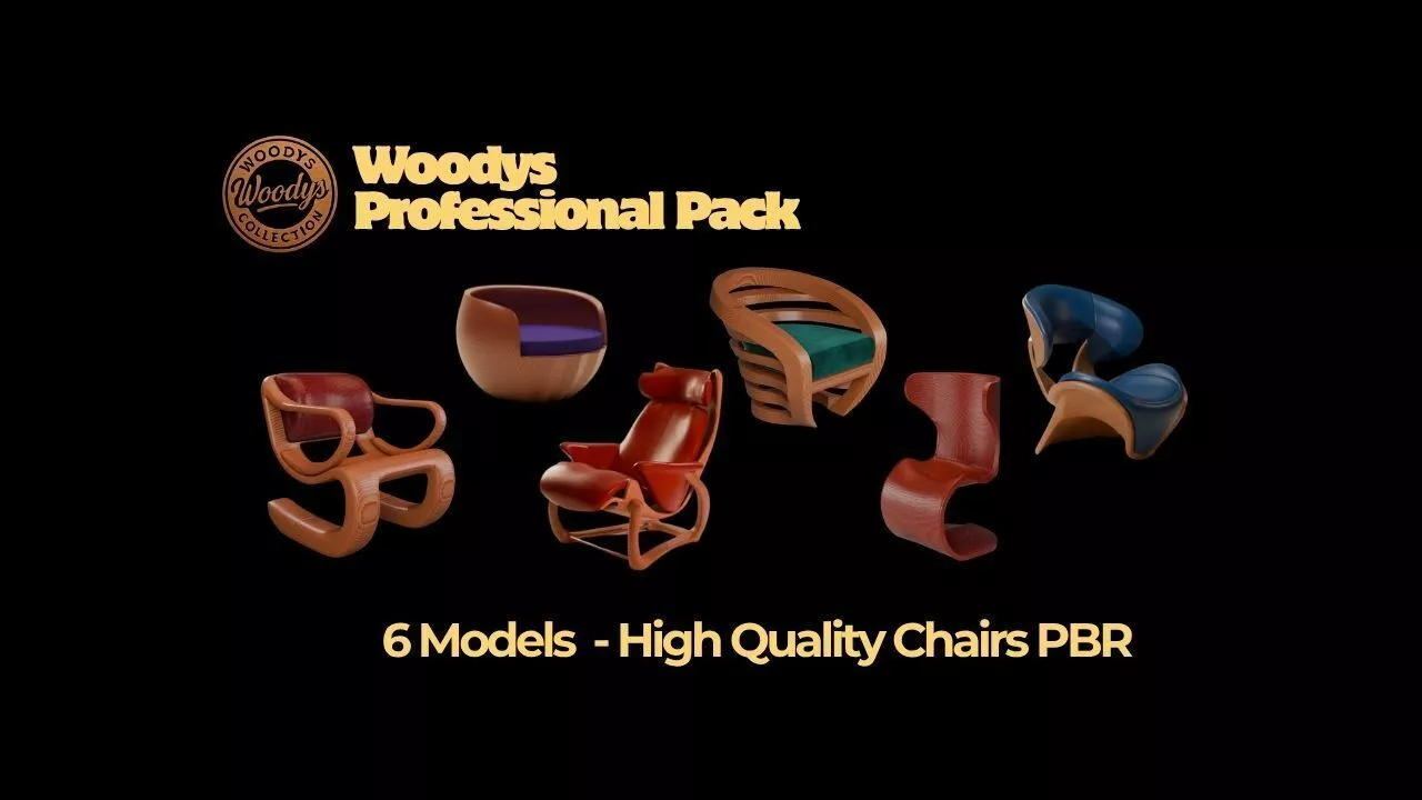 6 Sculptural Wood Chairs Pack PBR Furniture Set Woodys 3D model