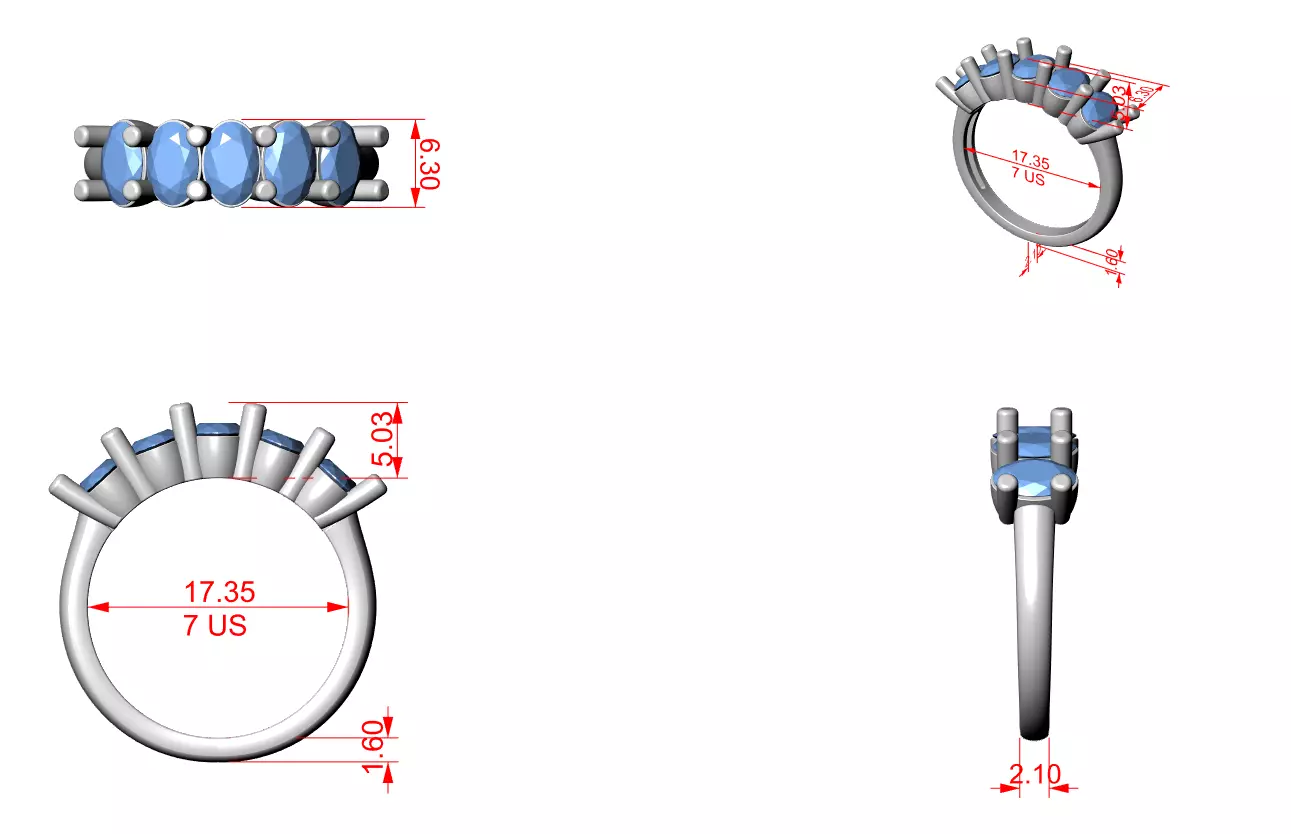 6x4mm Oval Cut Five Diamond Wedding Band 3DM STL Video 3D print model_15