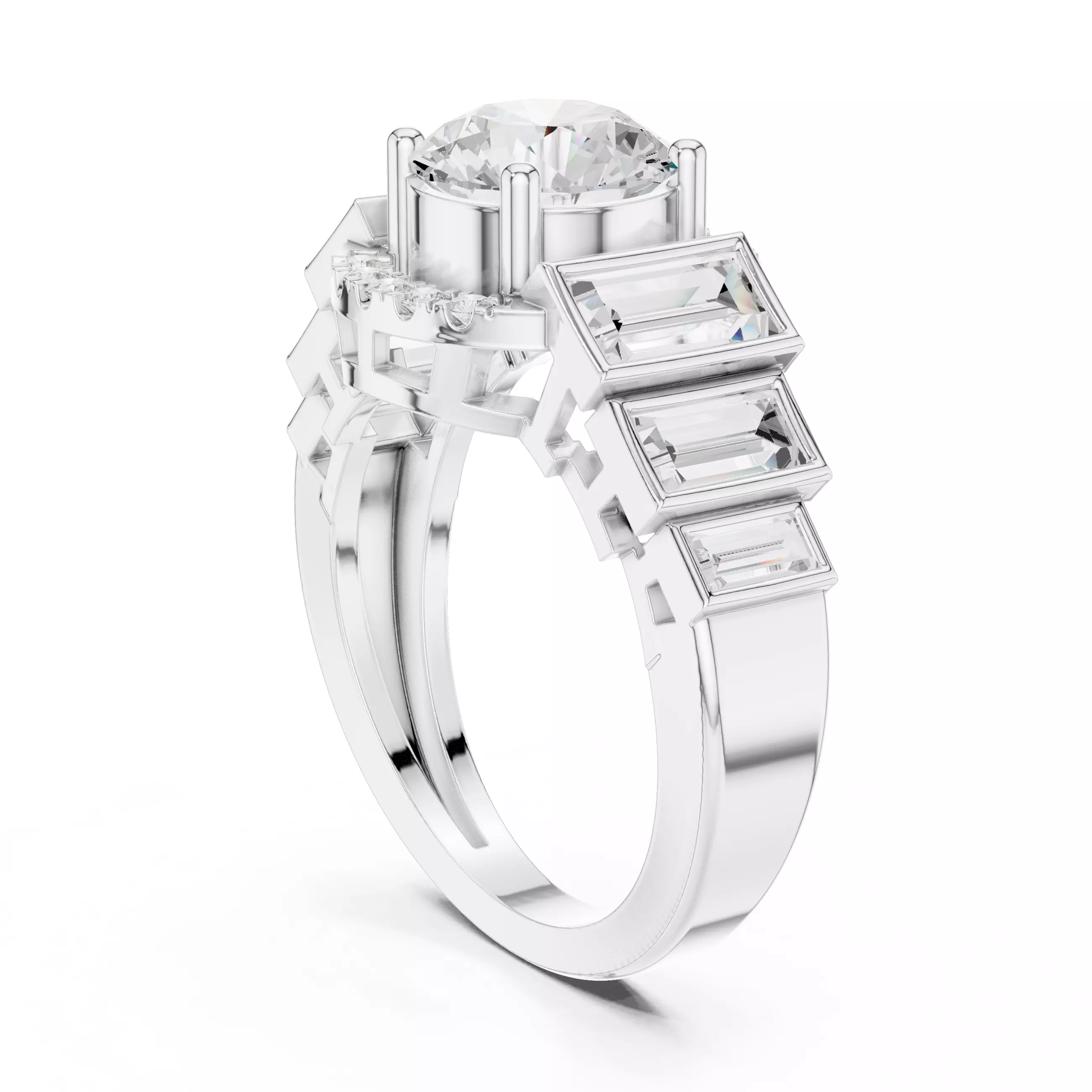 Bezel Set Baguette Cut Side Stone Engagement Ring 3DM STL Video 3D print model_9