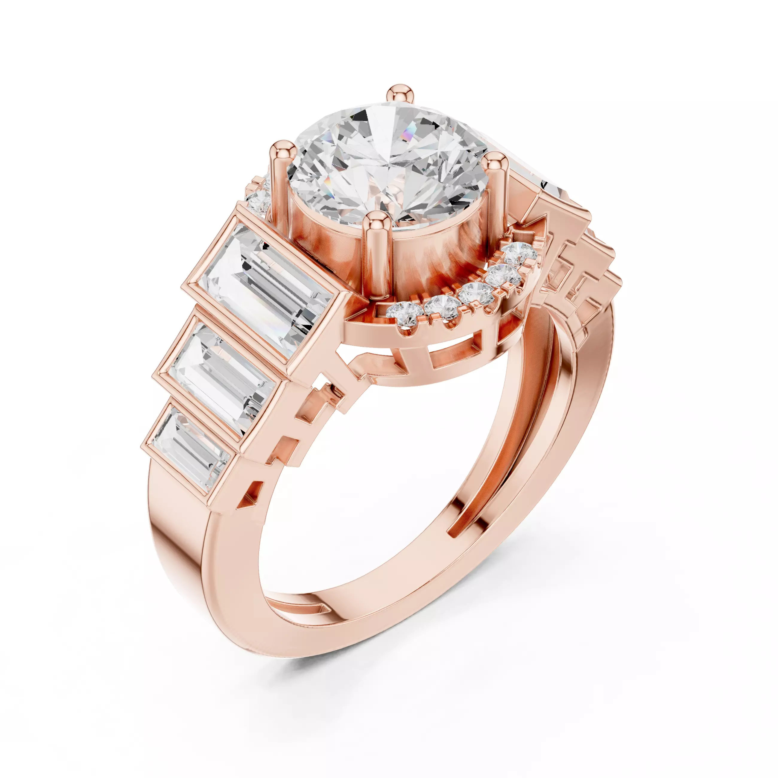 Bezel Set Baguette Cut Side Stone Engagement Ring 3DM STL Video 3D print model_4