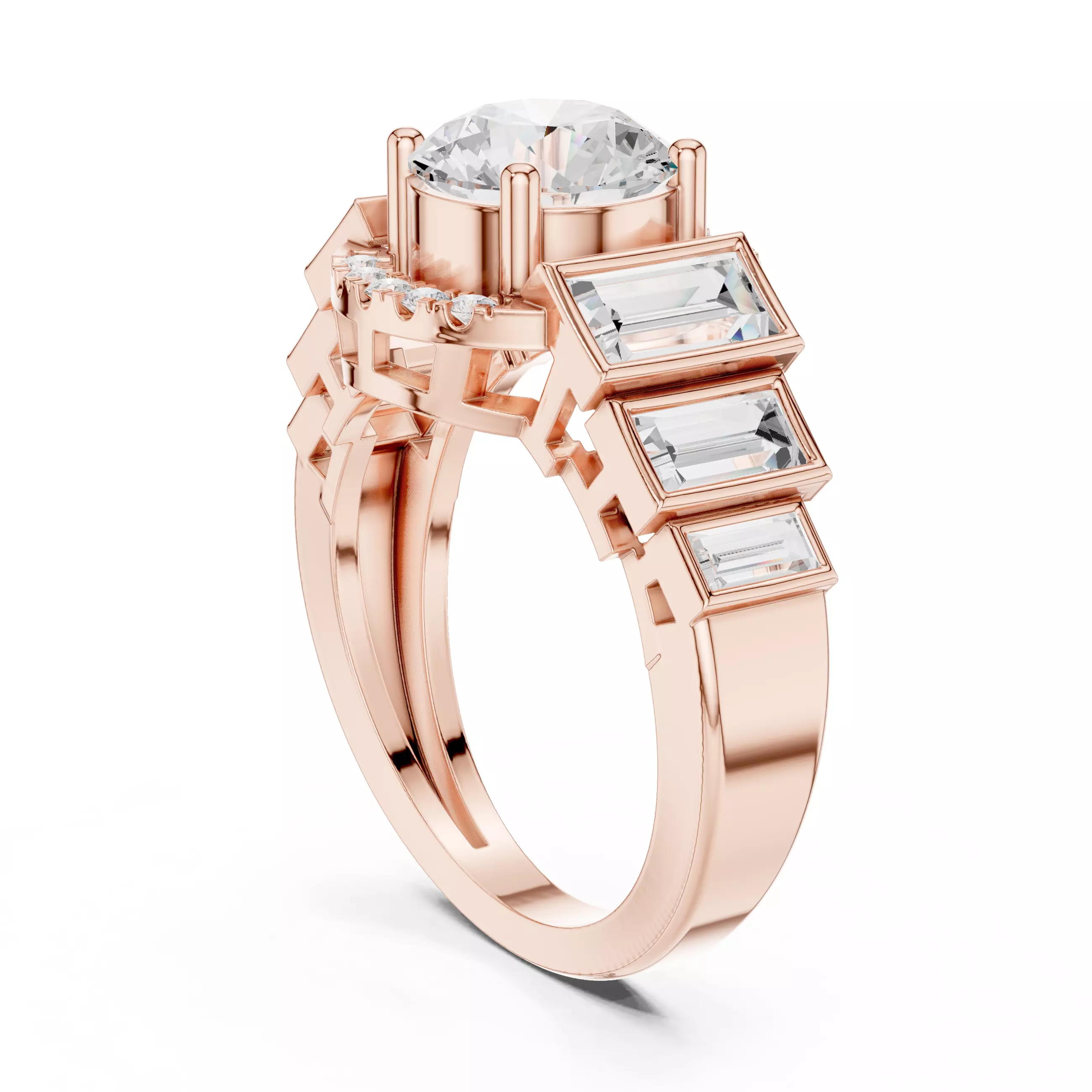 Bezel Set Baguette Cut Side Stone Engagement Ring 3DM STL Video 3D print model_3