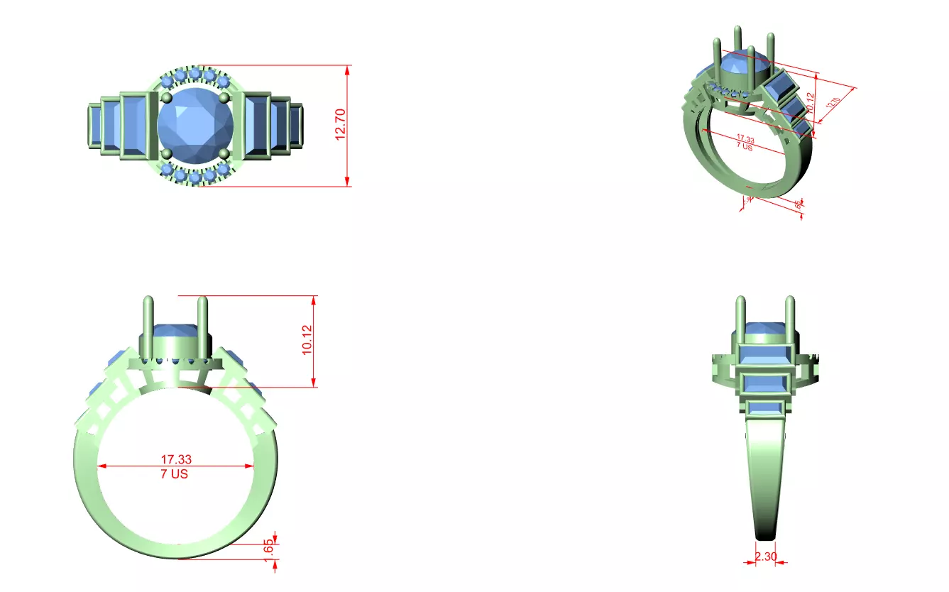 Bezel Set Baguette Cut Side Stone Engagement Ring 3DM STL Video 3D print model_15