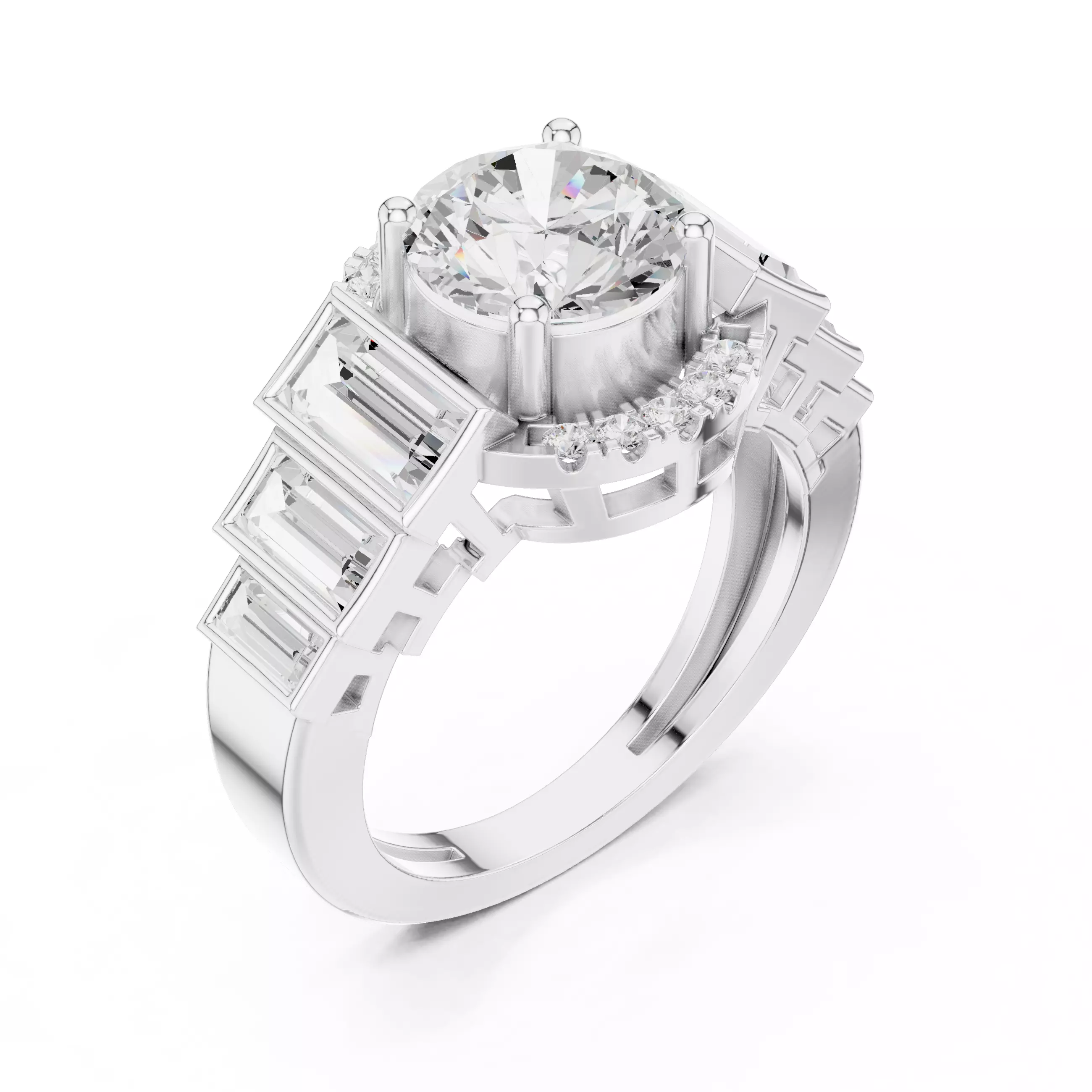 Bezel Set Baguette Cut Side Stone Engagement Ring 3DM STL Video 3D print model_10