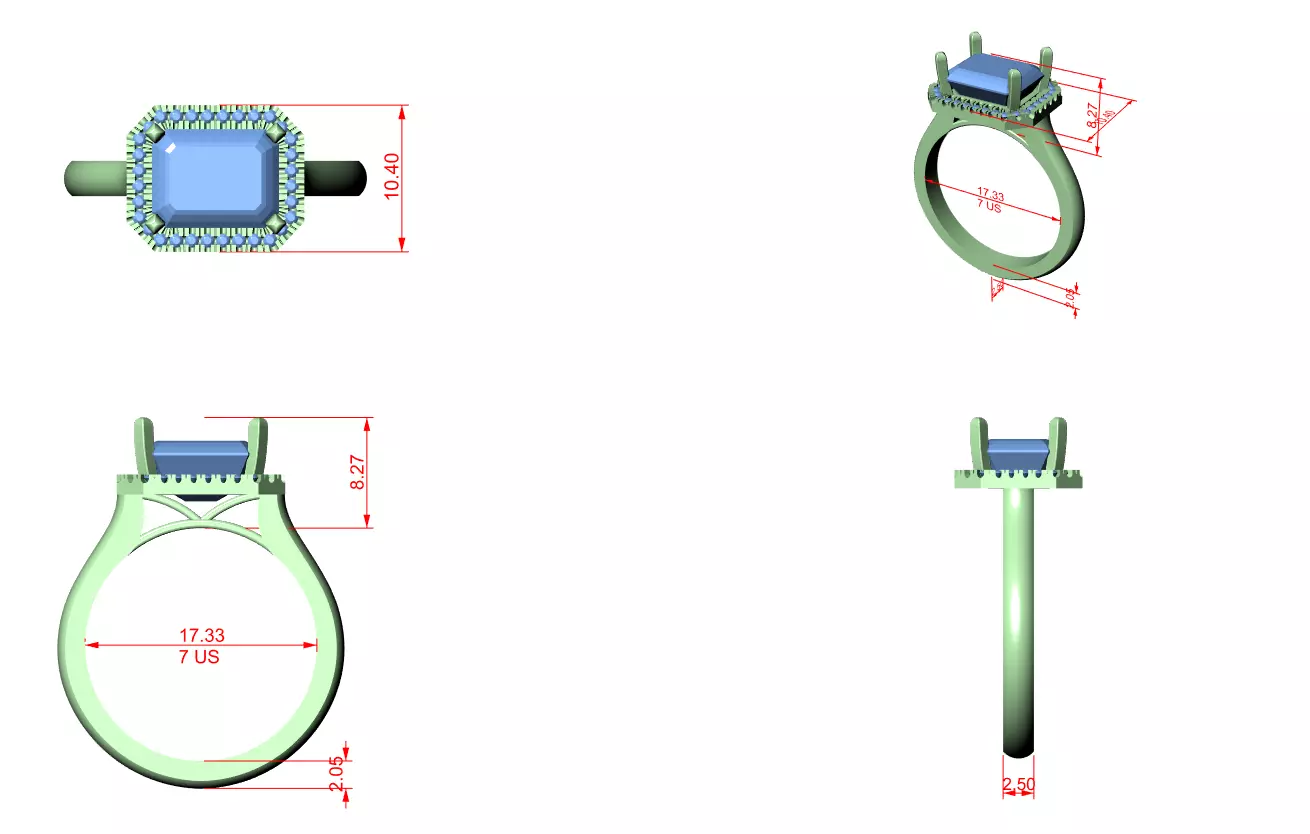 9x7mm Emerald Cut Diamond Engagement Wedding Ring 3DM STL Video 3D print model_15