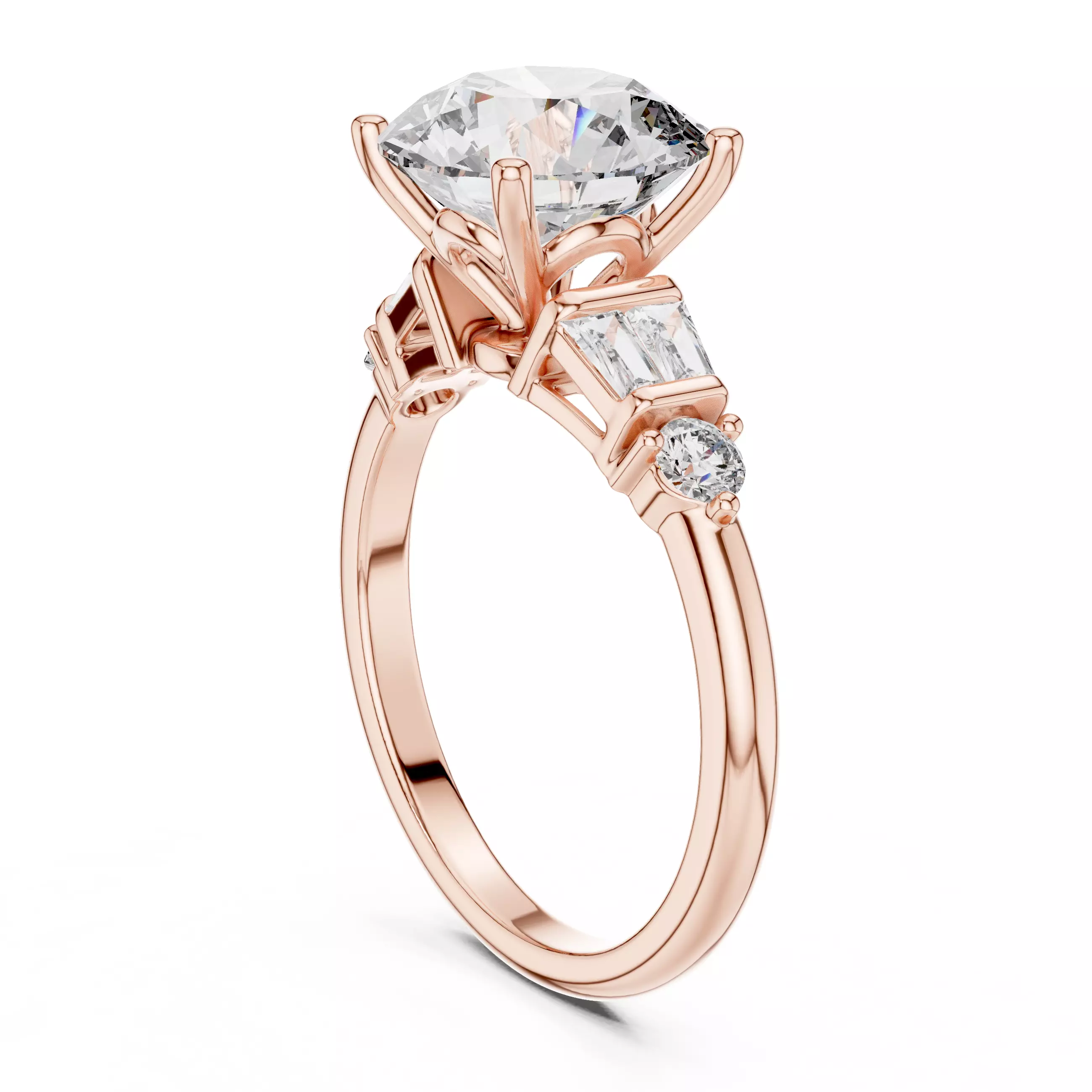 Round and Baguette Diamond Engagement Ring 3DM STL Video 3D print model_3