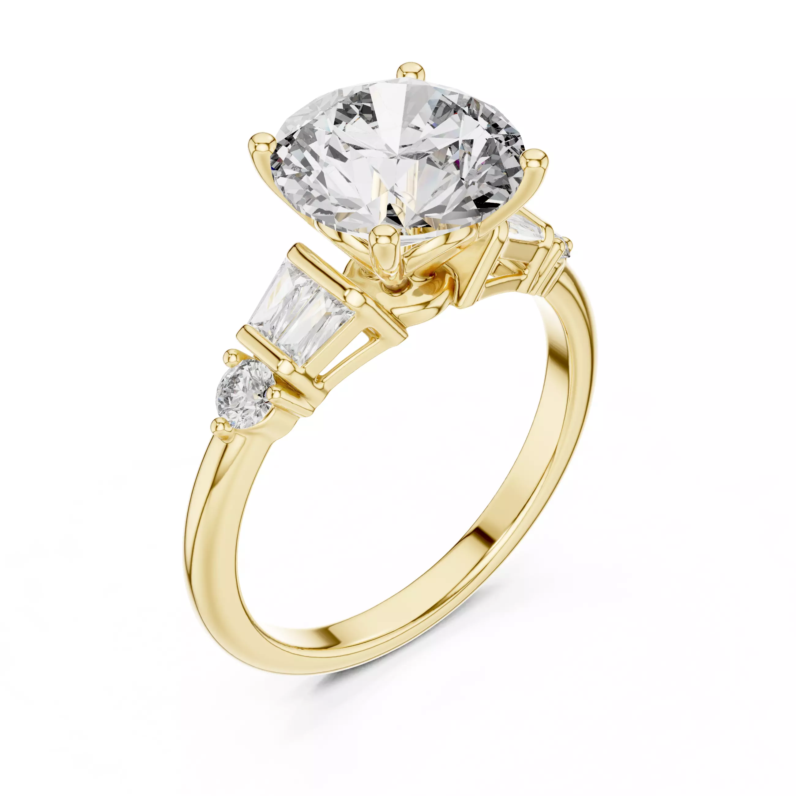 Round and Baguette Diamond Engagement Ring 3DM STL Video 3D print model_7