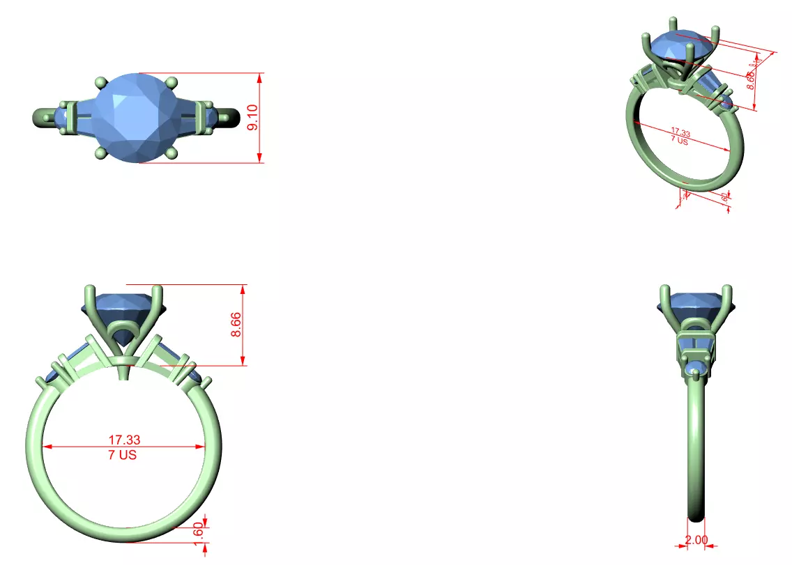 Round and Baguette Diamond Engagement Ring 3DM STL Video 3D print model_12