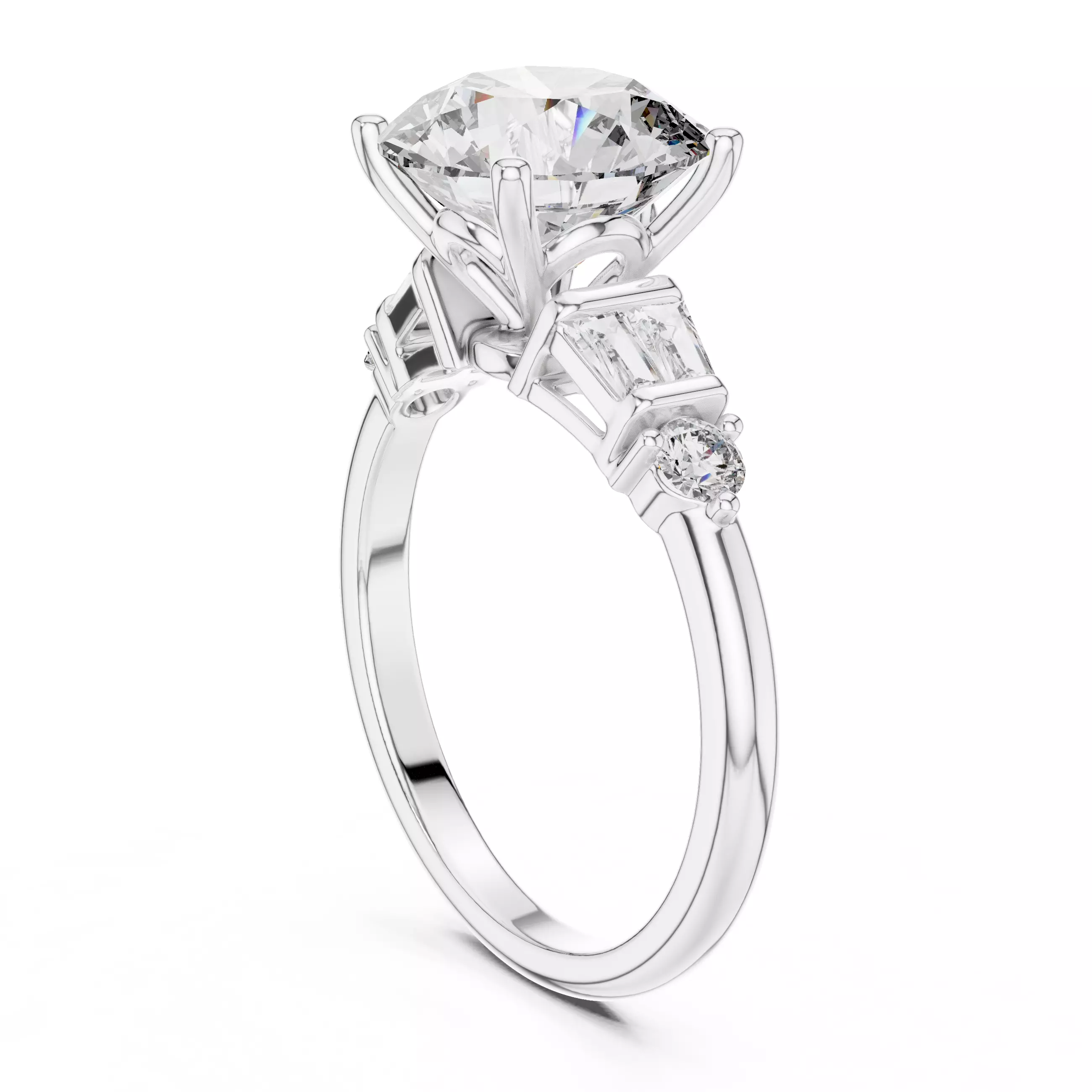 Round and Baguette Diamond Engagement Ring 3DM STL Video 3D print model_9