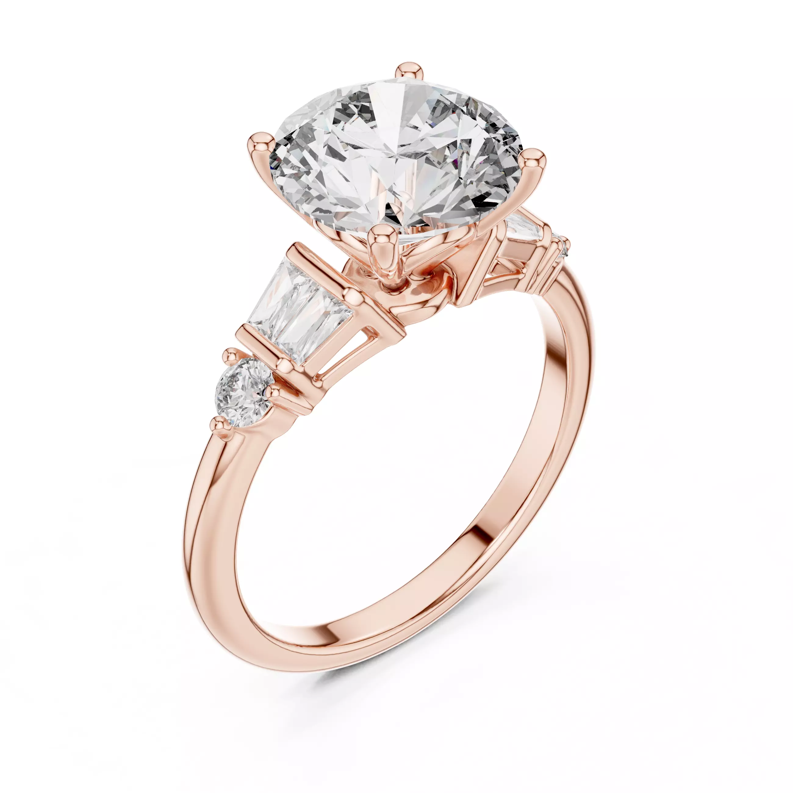 Round and Baguette Diamond Engagement Ring 3DM STL Video 3D print model_4