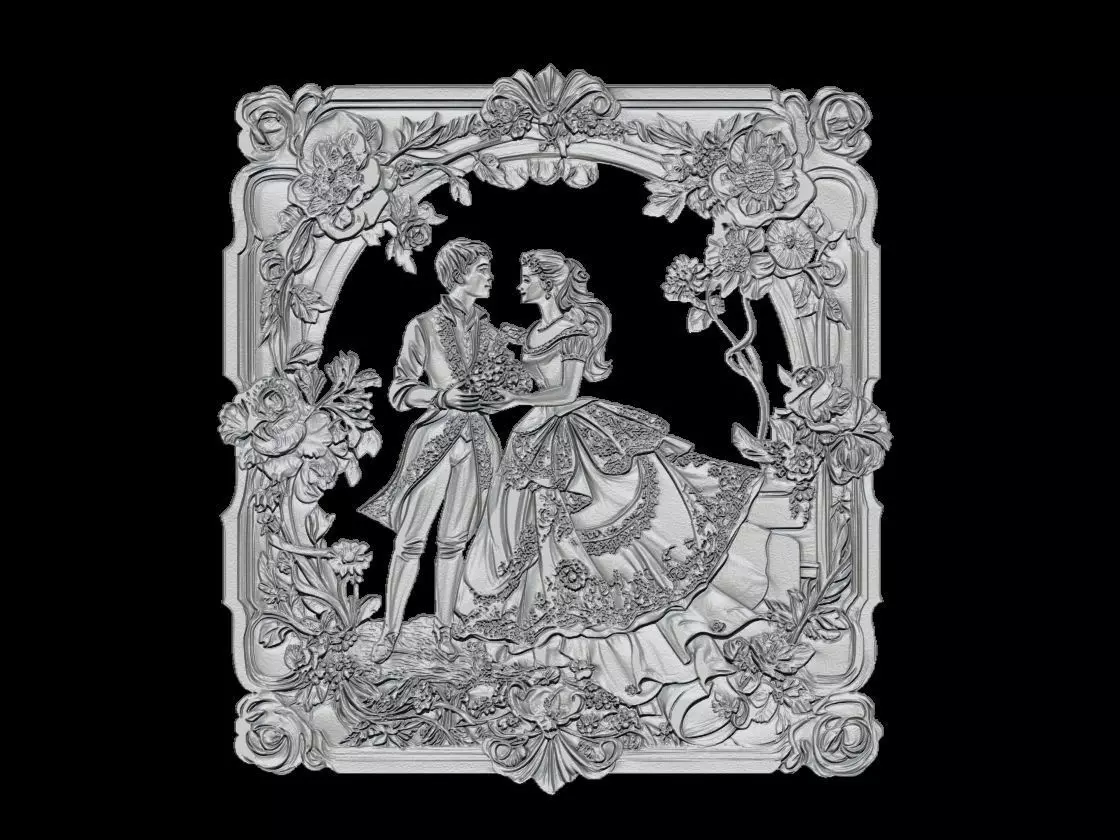 Victorian Romantic Couple Relief with Ornate Floral Frame 3D print model_1