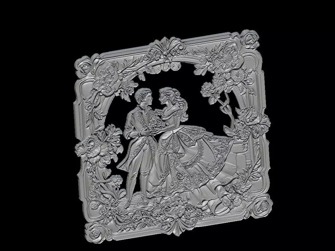 Victorian Romantic Couple Relief with Ornate Floral Frame 3D print model_4