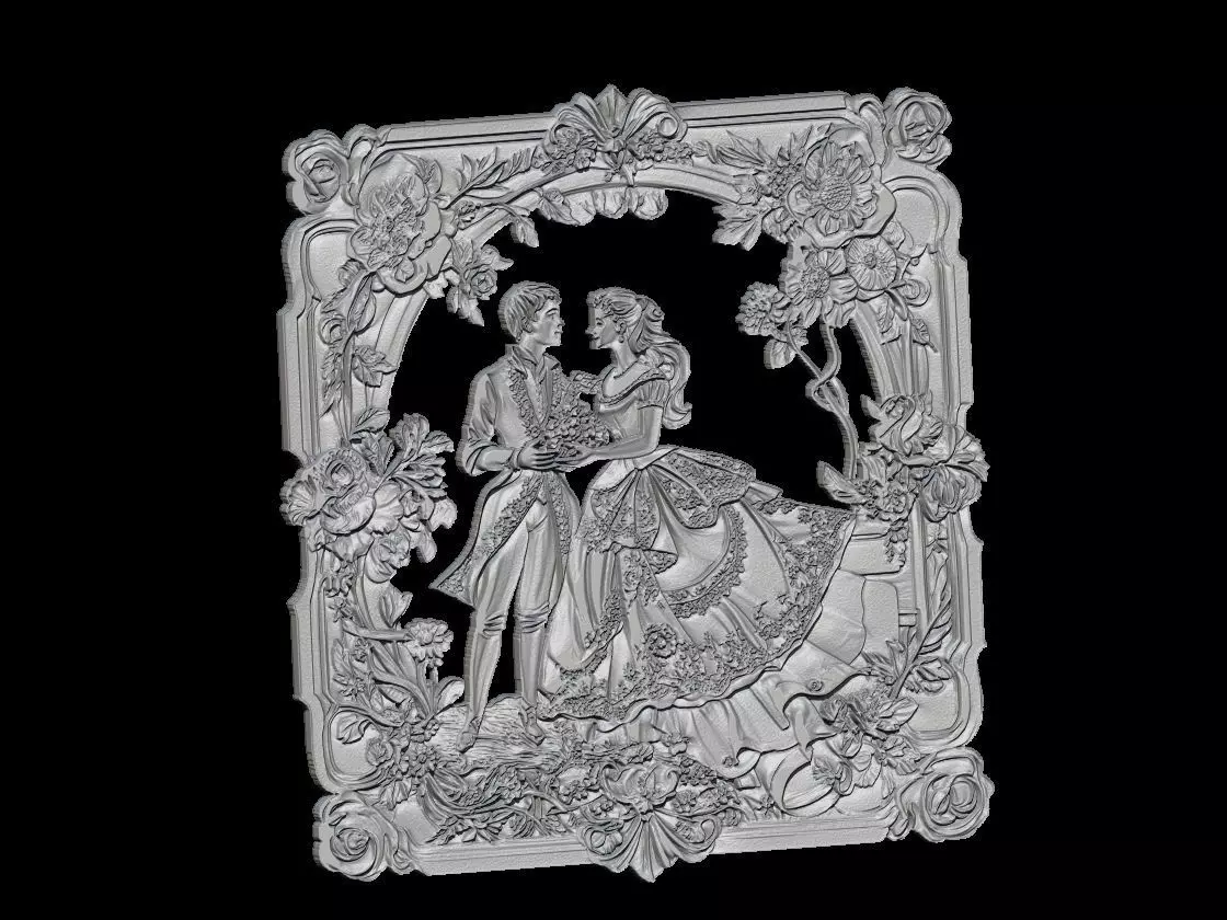 Victorian Romantic Couple Relief with Ornate Floral Frame 3D print model_3
