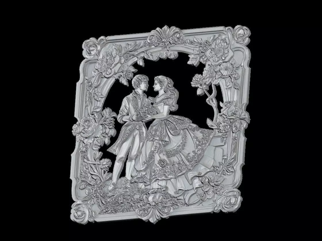Victorian Romantic Couple Relief with Ornate Floral Frame 3D print model_2