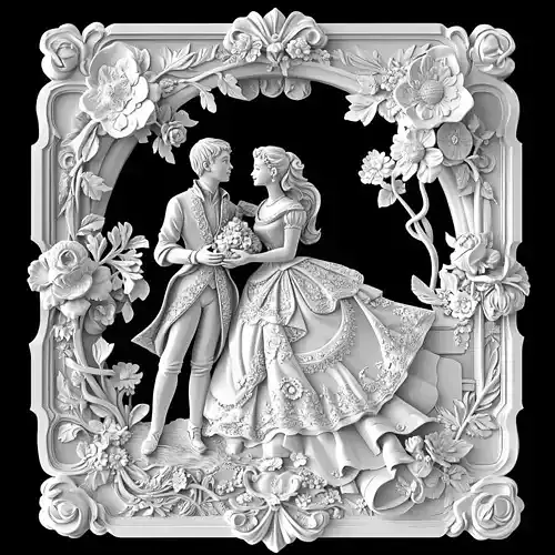 Victorian Romantic Couple Relief with Ornate Floral Frame