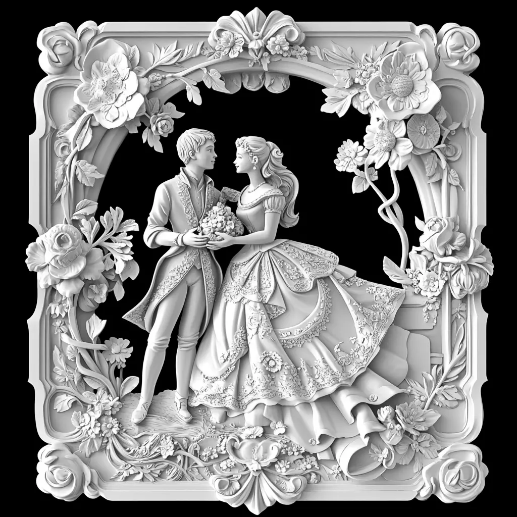 Victorian Romantic Couple Relief with Ornate Floral Frame 3D print model_0
