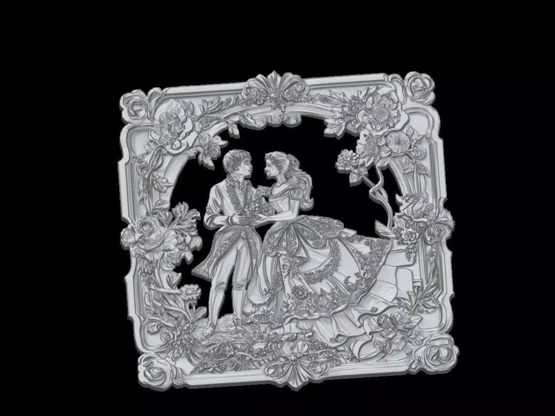 Victorian Romantic Couple Relief with Ornate Floral Frame 3D print model_5