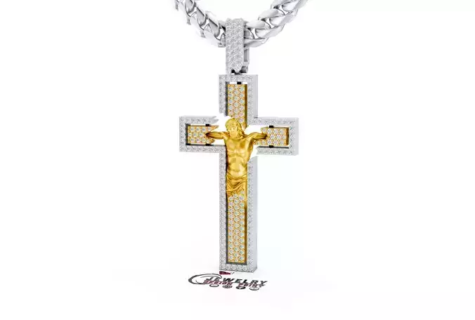 Custom  Wood Carved Jesus Crucifix Diamond Pendant - Necklace