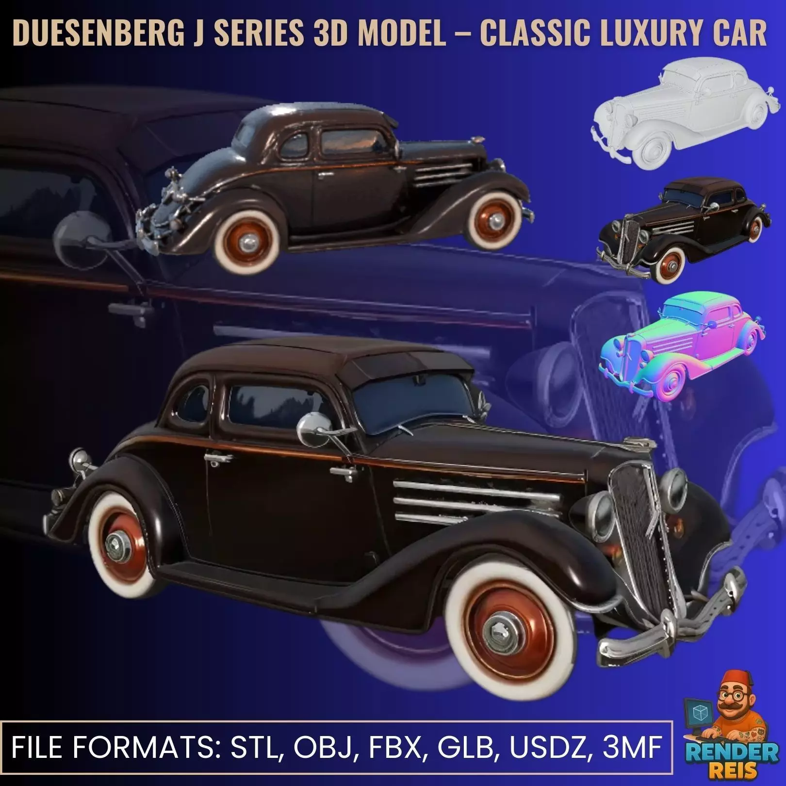 Duesenberg J Series 3D Model  Classic Luxury Car 3D print model_0