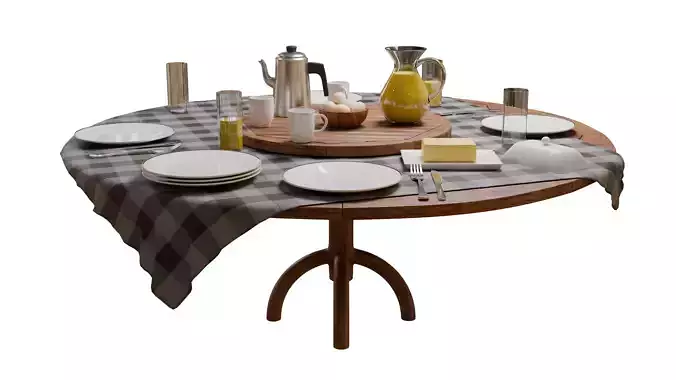 Round Wooden Dining Table with Breakfast Setup Blender Model PBR