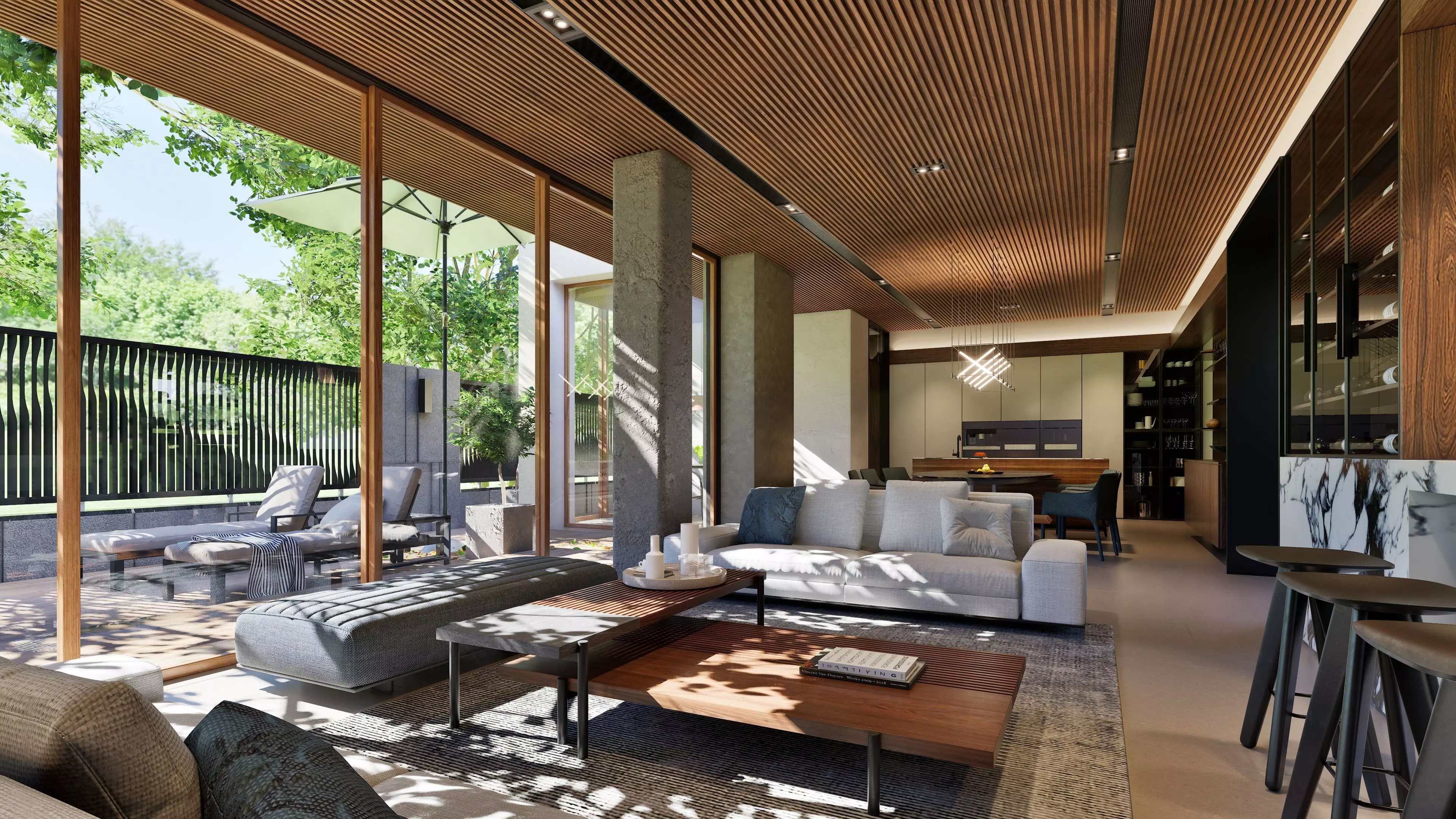 Modern open-plan living and dining room 3D model_0