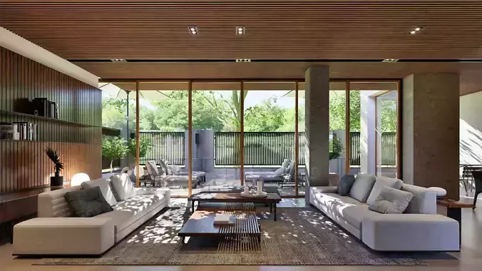 Modern open-plan living and dining room 3D model 3