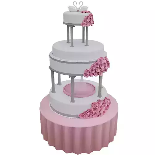 3D Wedding Cake Model Romantic Tiered Dessert with Roses  Swans