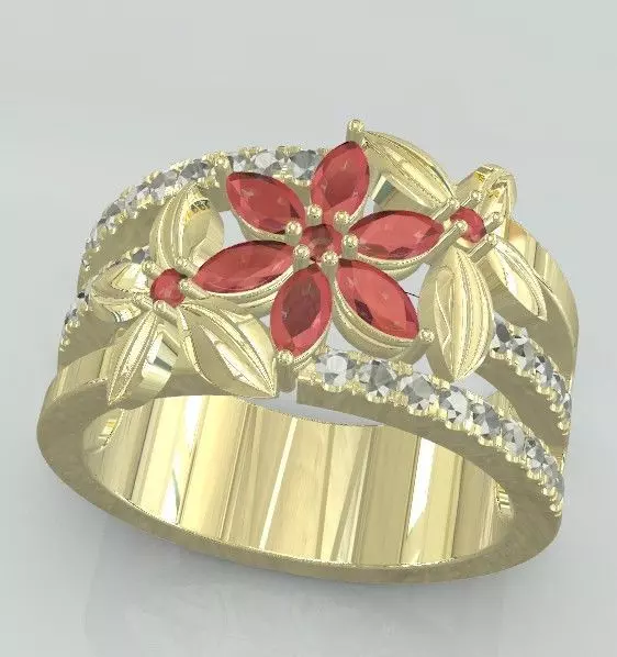 Flower ring with marquise diamonds 3D print model_2