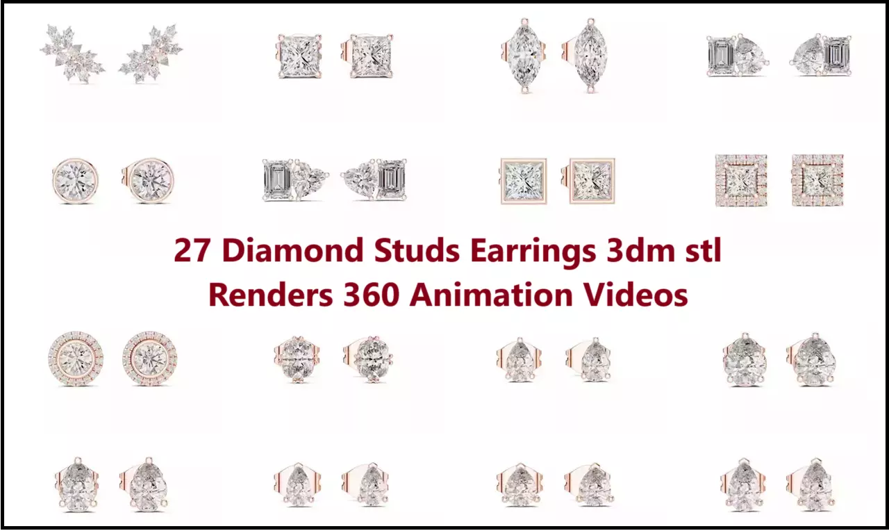 27 Diamond Studs Earrings 3dm stl renders 360 Animation Videos 3D Model Collection_0