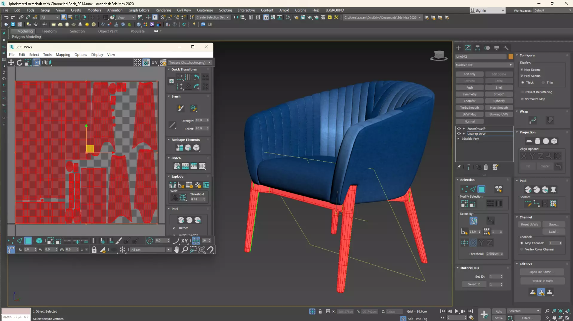 Upholstered Armchair with Channeled Back Low-poly 3D model_30