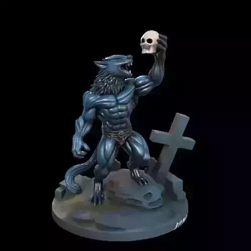 2102Howling Werewolf with Skull  3D Printed Statue