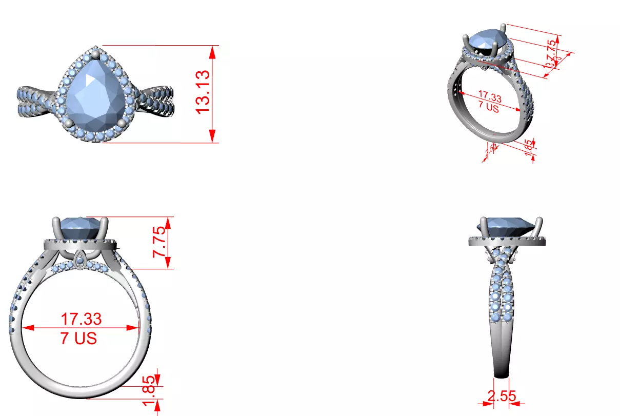 10x8mm Pear Cut Diamond Crossover Split Shank Ring 3DM STL Video 3D print model_12
