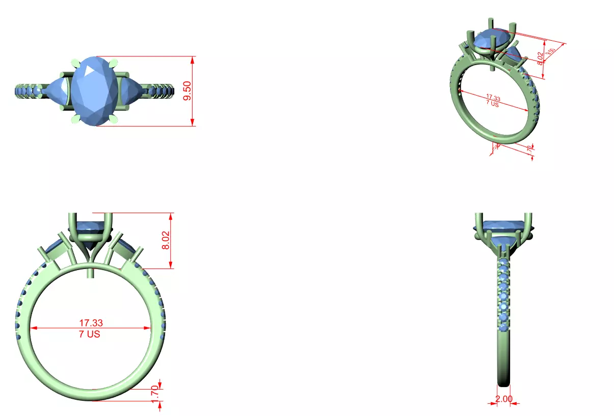Oval and Trillion Cut Diamond Engagement Ring 3DM STL Video 3D print model_12