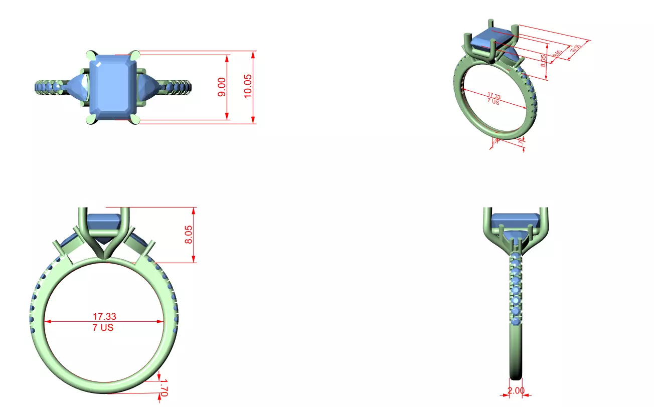 Emerald and Trillion Cut Diamond Engagement Ring 3DM STL Video 3D print model_12