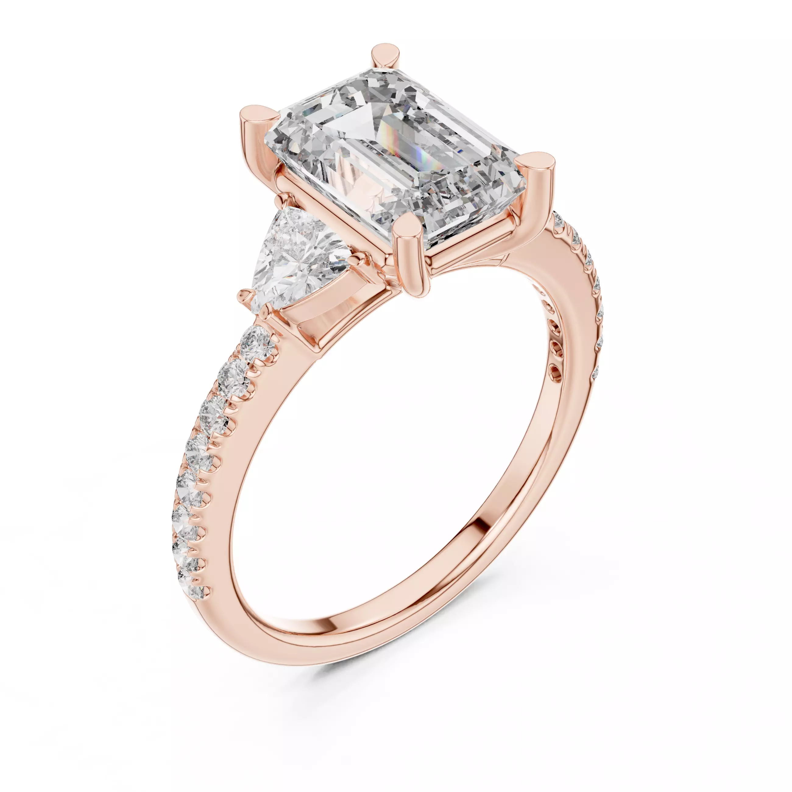 Emerald and Trillion Cut Diamond Engagement Ring 3DM STL Video 3D print model_4