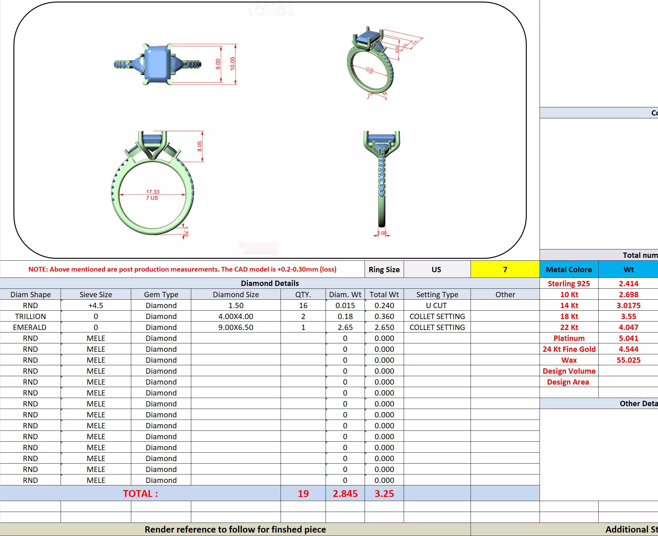 Emerald and Trillion Cut Diamond Engagement Ring 3DM STL Video 3D print model_13