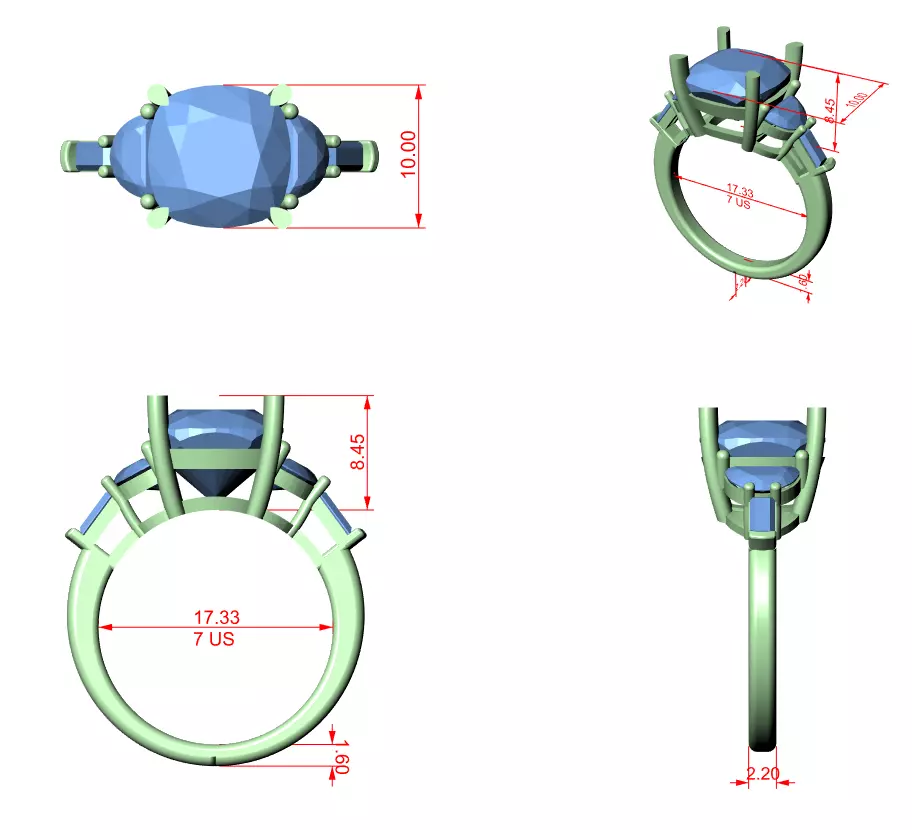 Cushion Half Moon and Baguette Cut Five Stone Ring 3DM STL Video 3D print model_12