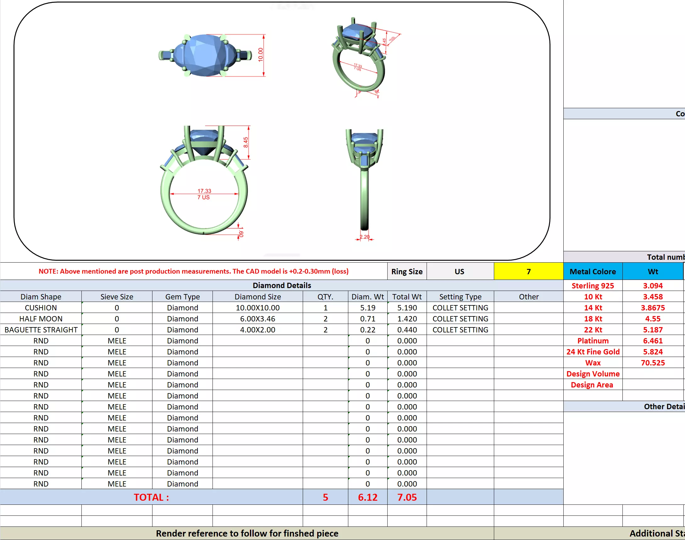 Cushion Half Moon and Baguette Cut Five Stone Ring 3DM STL Video 3D print model_13