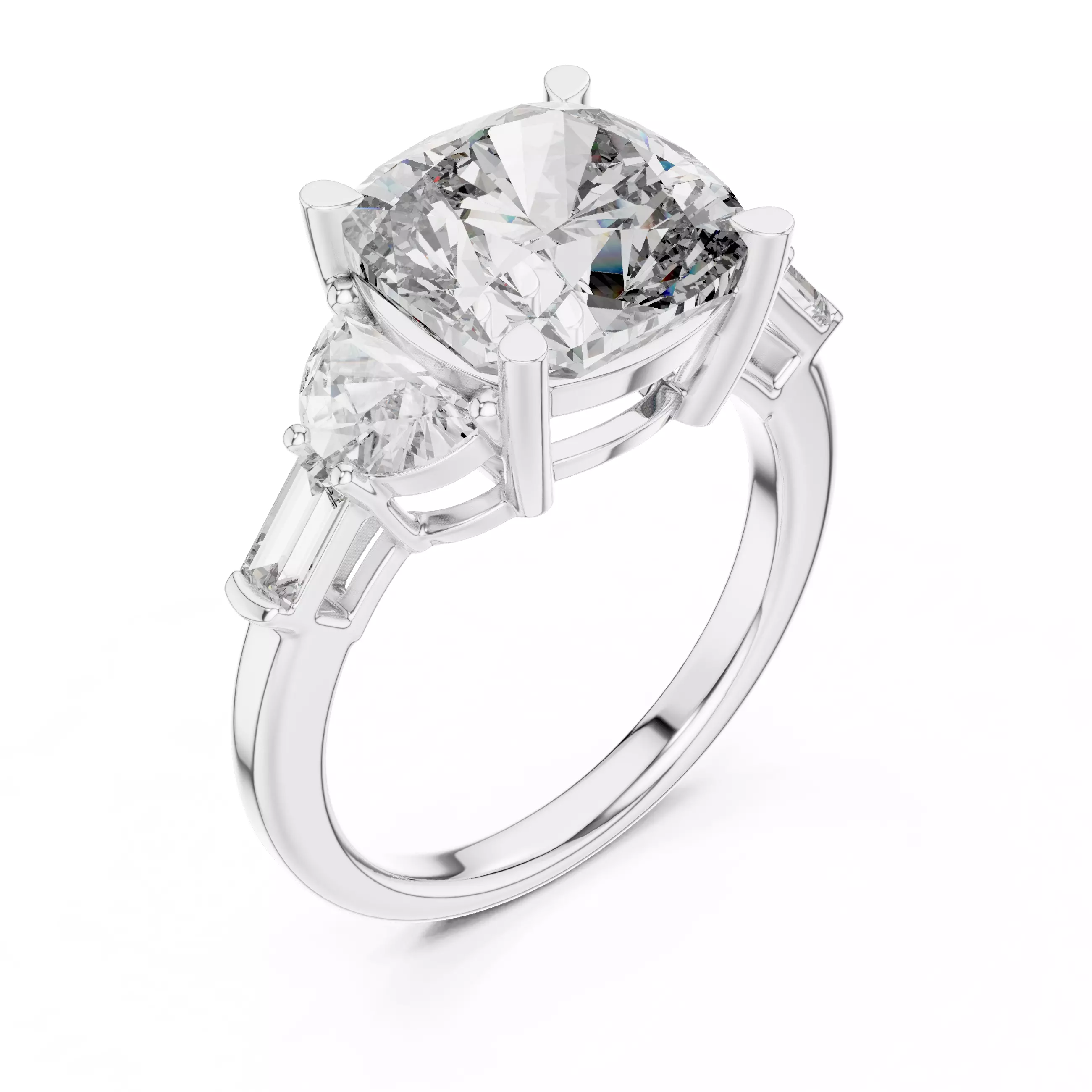 Cushion Half Moon and Baguette Cut Five Stone Ring 3DM STL Video 3D print model_10