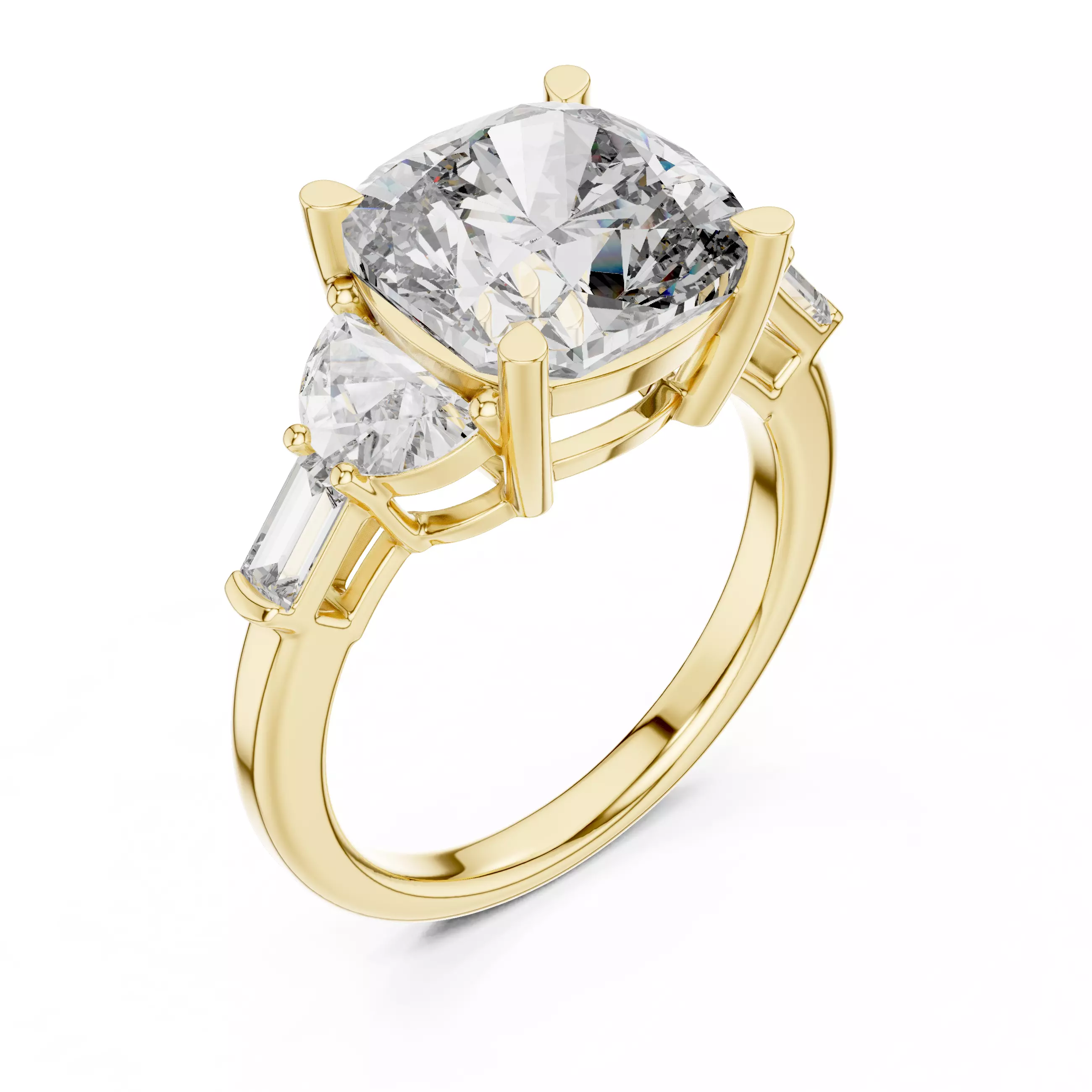 Cushion Half Moon and Baguette Cut Five Stone Ring 3DM STL Video 3D print model_7